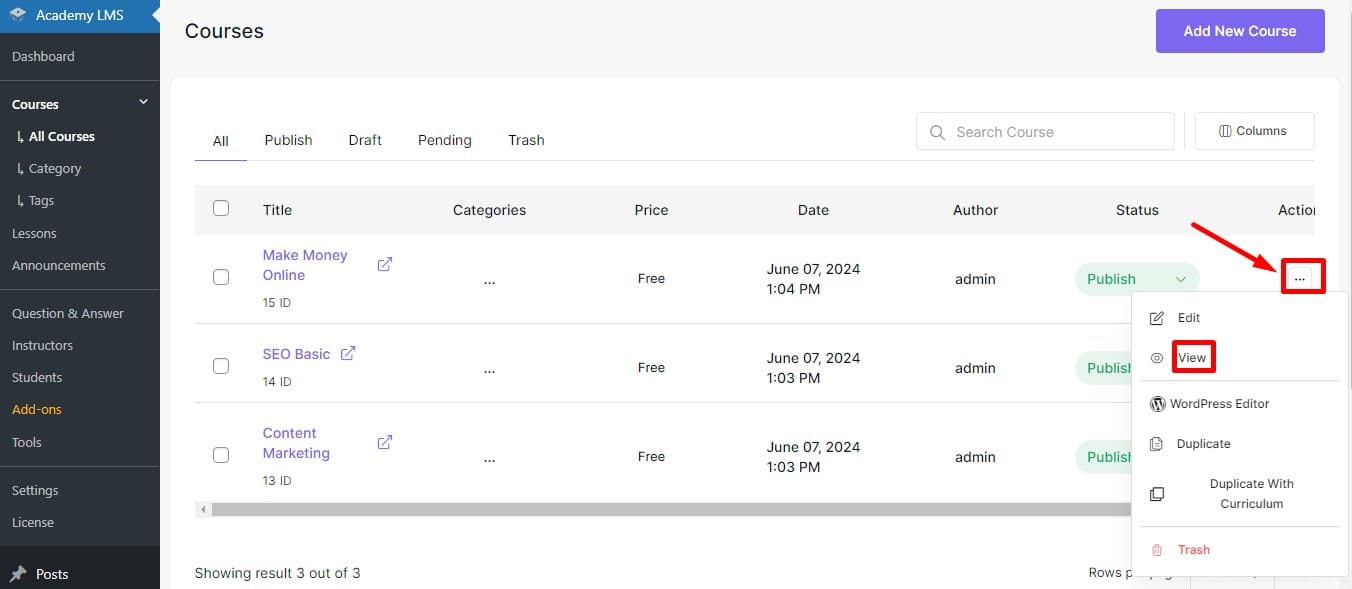 preveiw a course from academy lsm course section