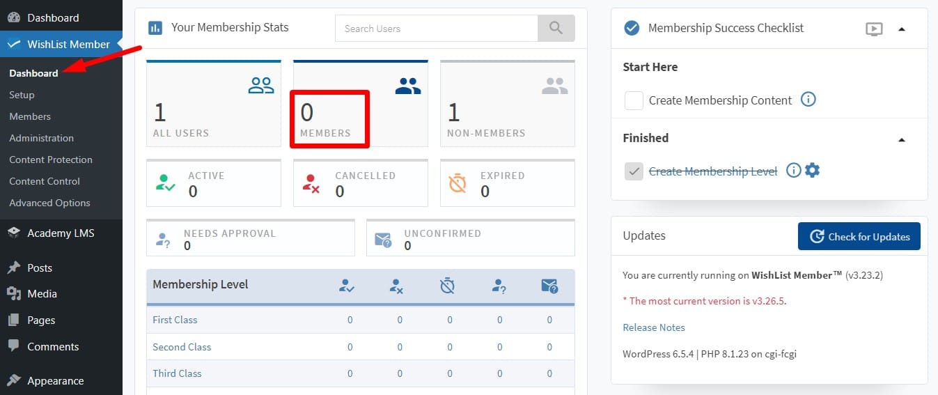 wishlist member dashboard