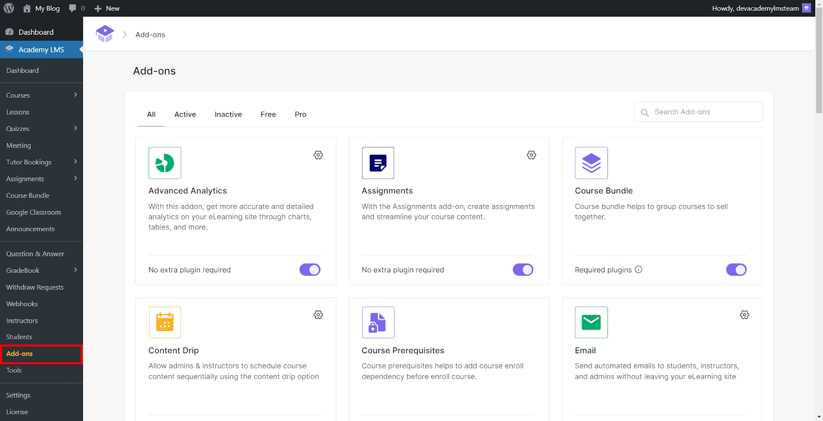 find academy lms menu