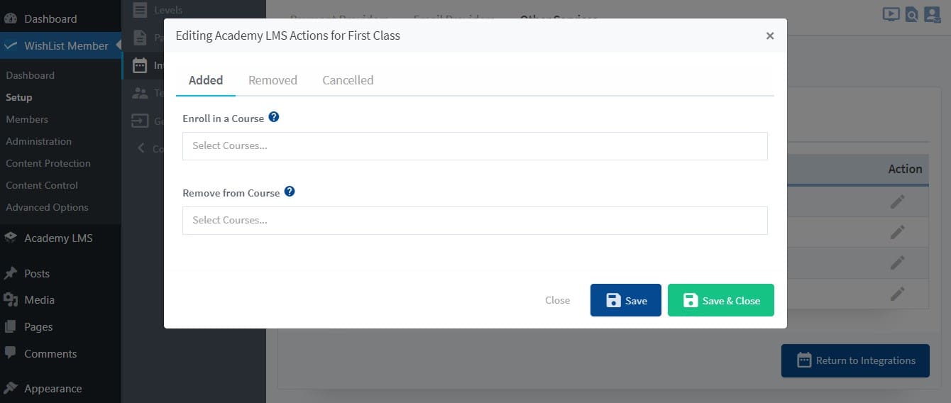 editing academy LMS actions 