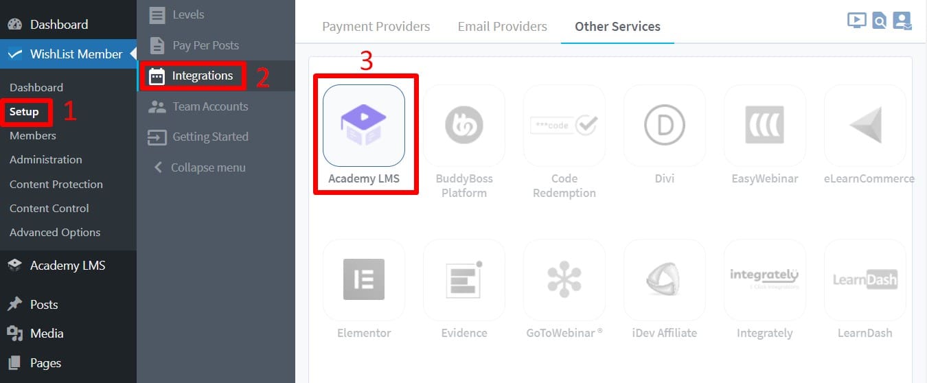 setup Academy LMS integration in WishList Member area