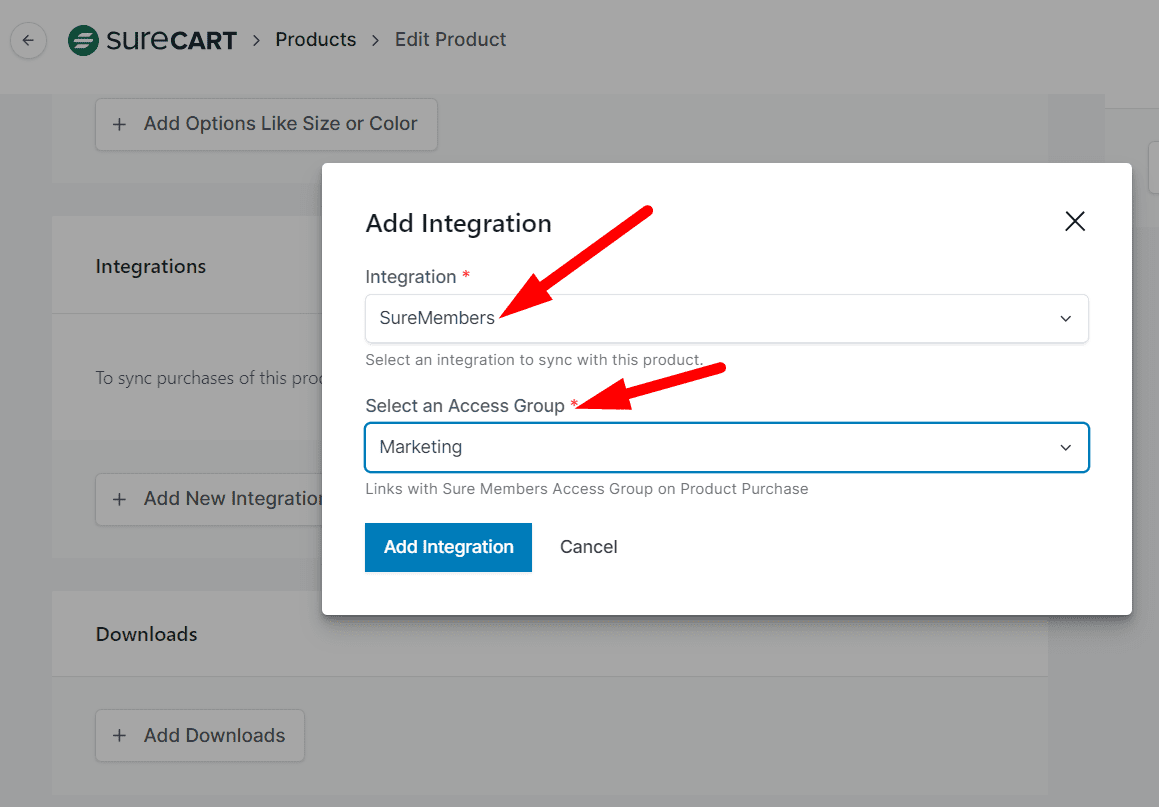 add integration as suremembers and select access group