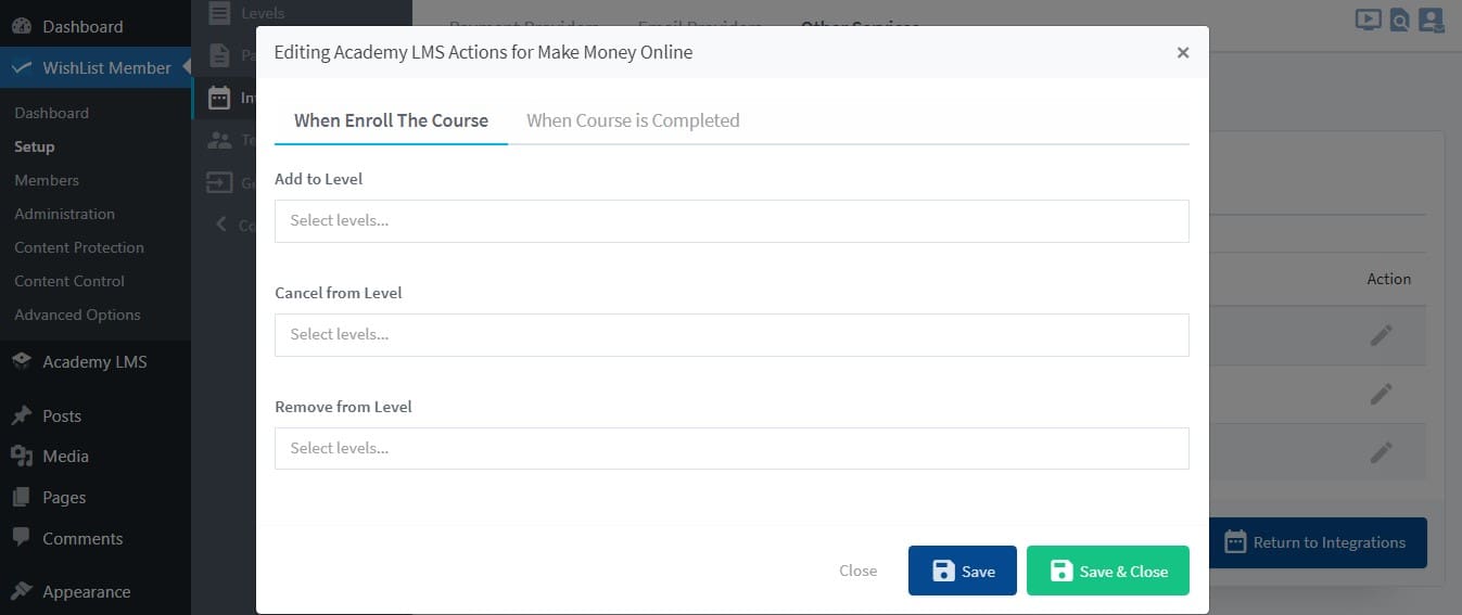 Course Actions pop-up