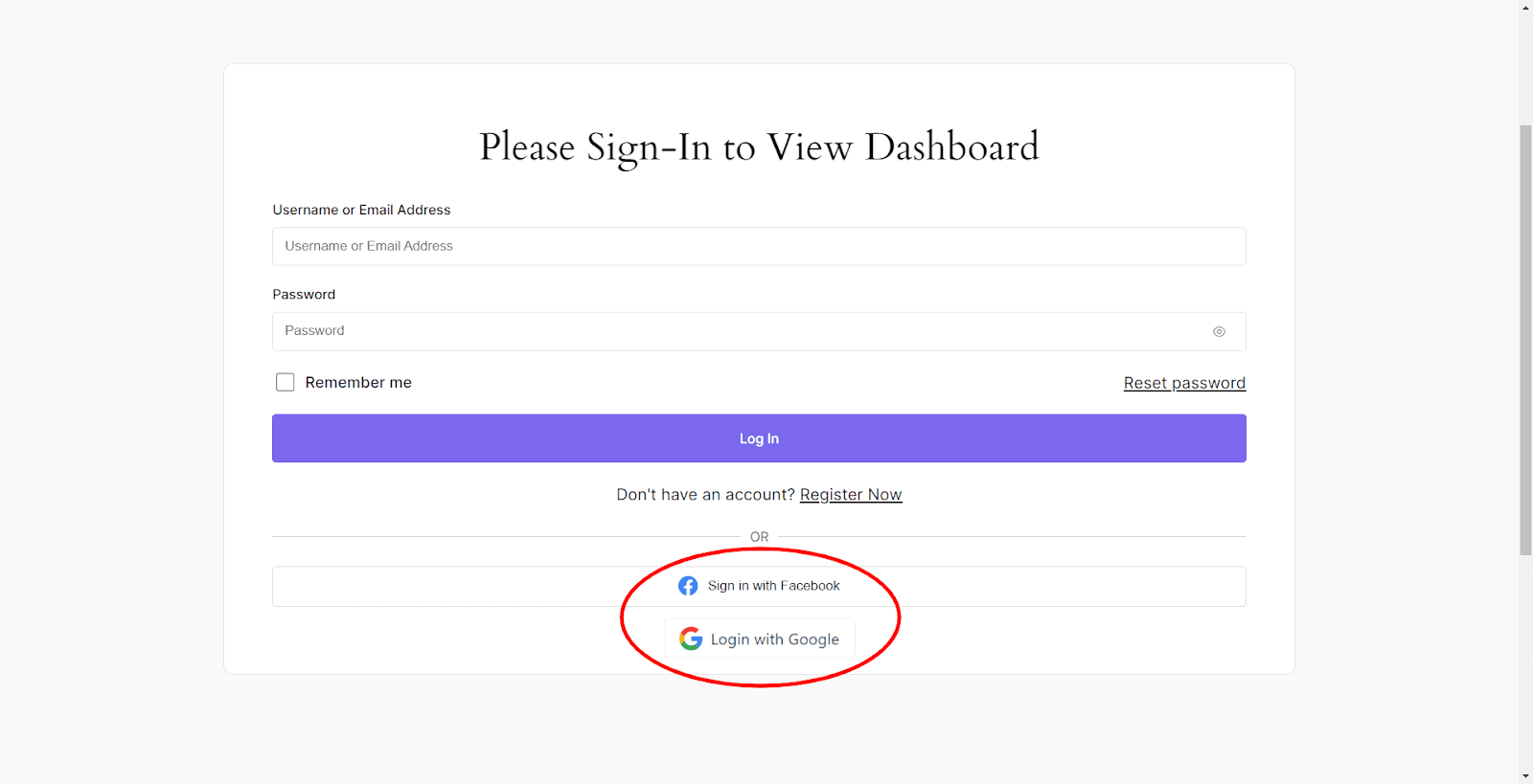 login option with facebook and google