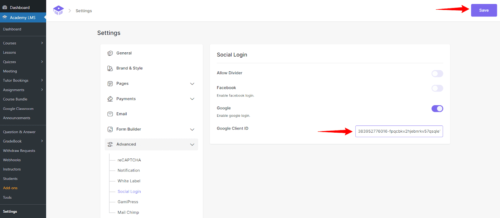 Google Client ID insert