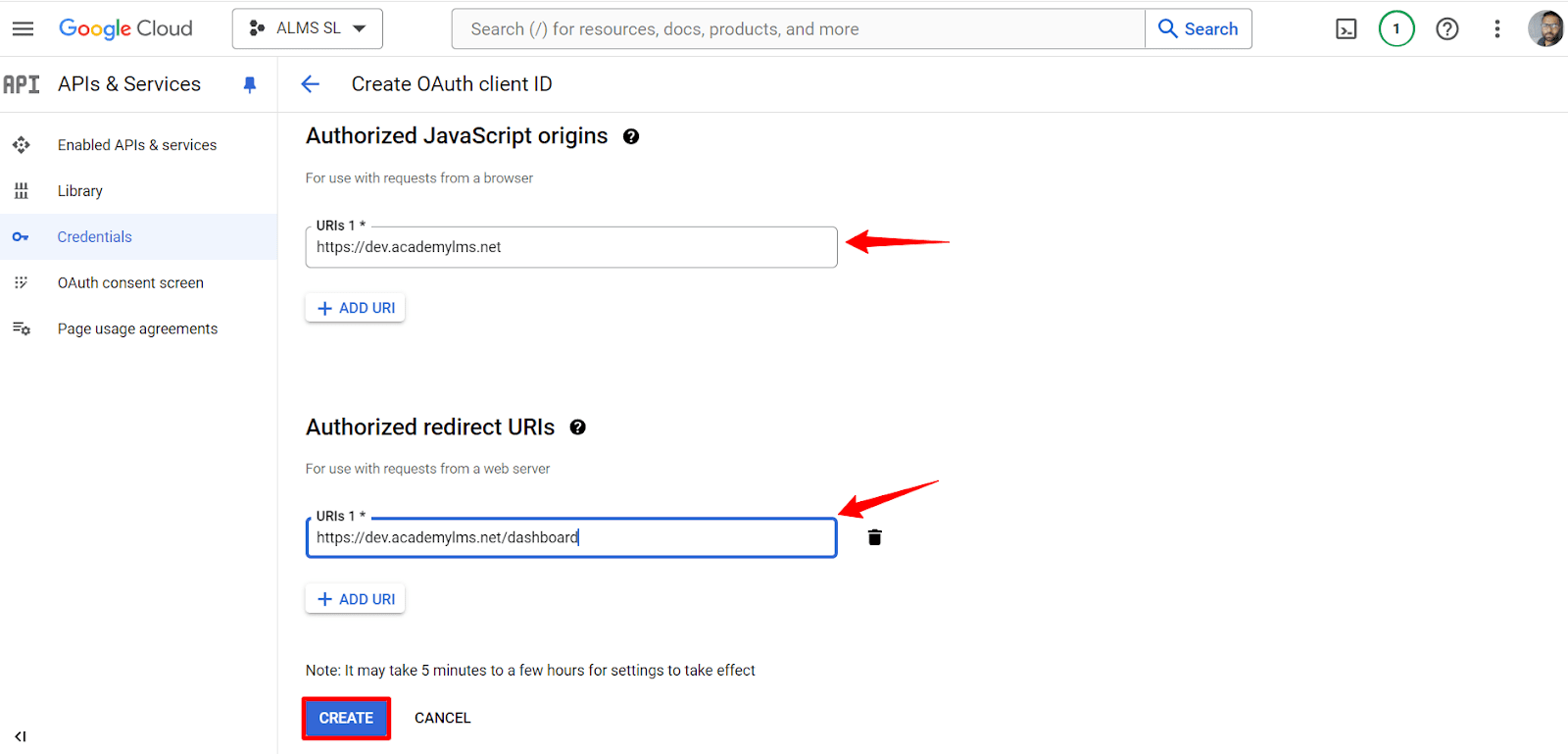 set authorized javascript origins url