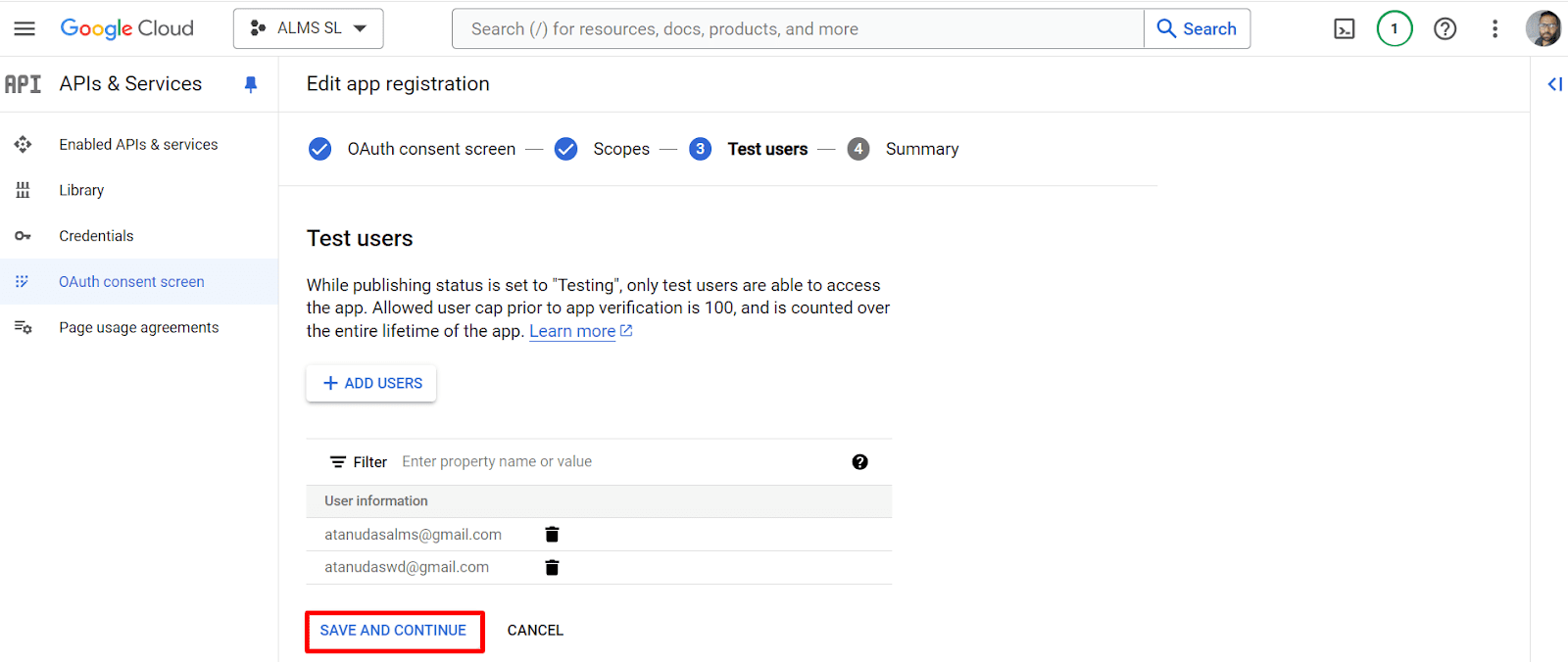 test user save and continue