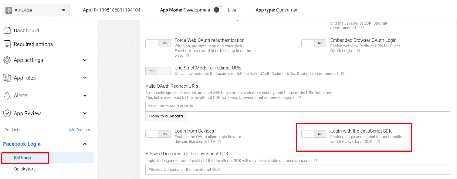 Facebook Login Settings