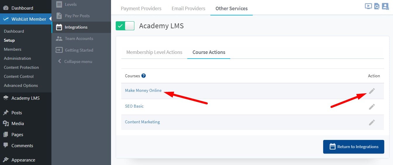 configure course actions