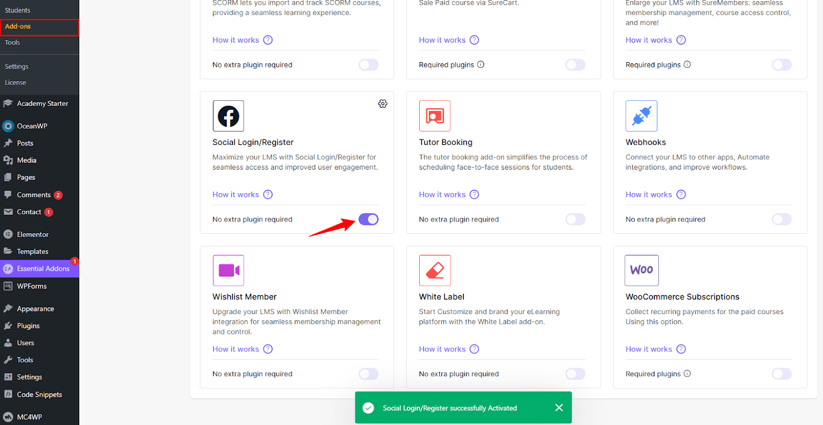 enable social login addon to use social login with academy LMS