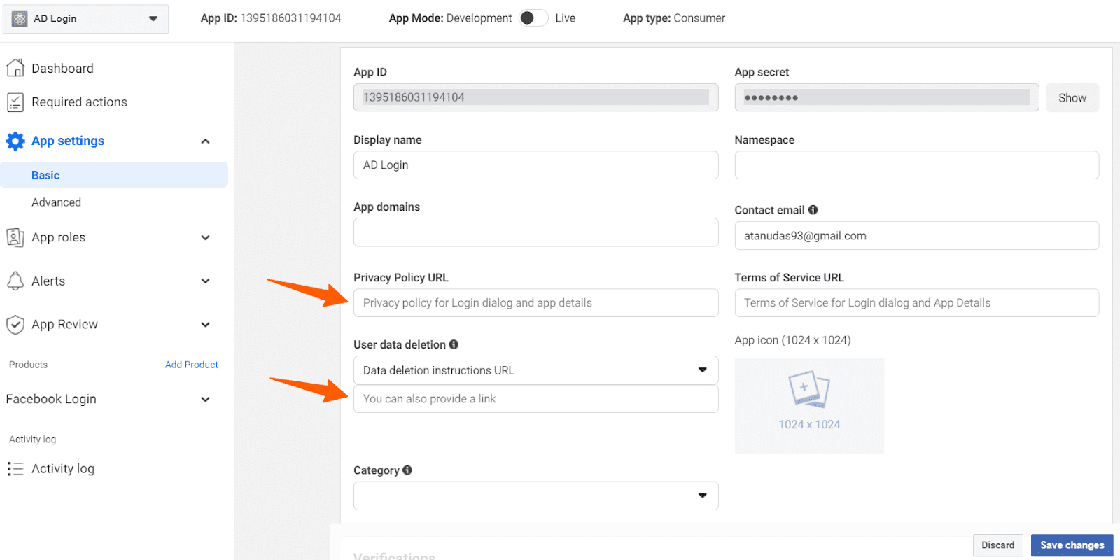 add the Privacy Policy URL and data deletion URL