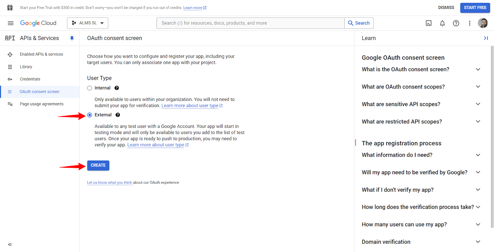 select external and create