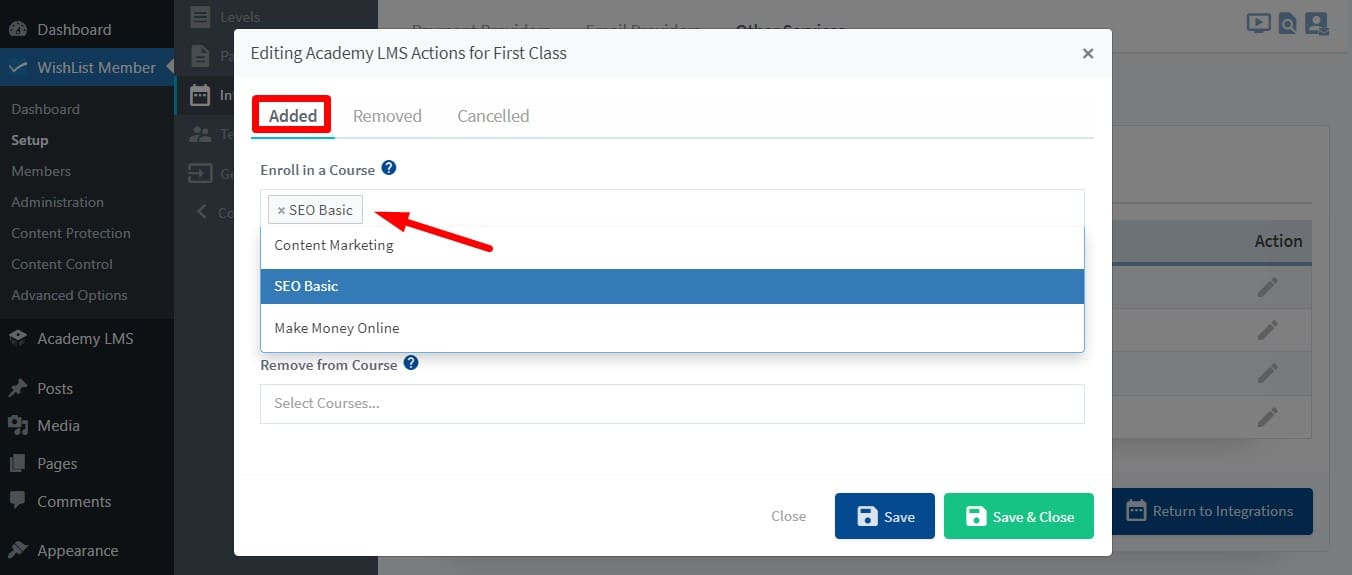editing academy LMS actions