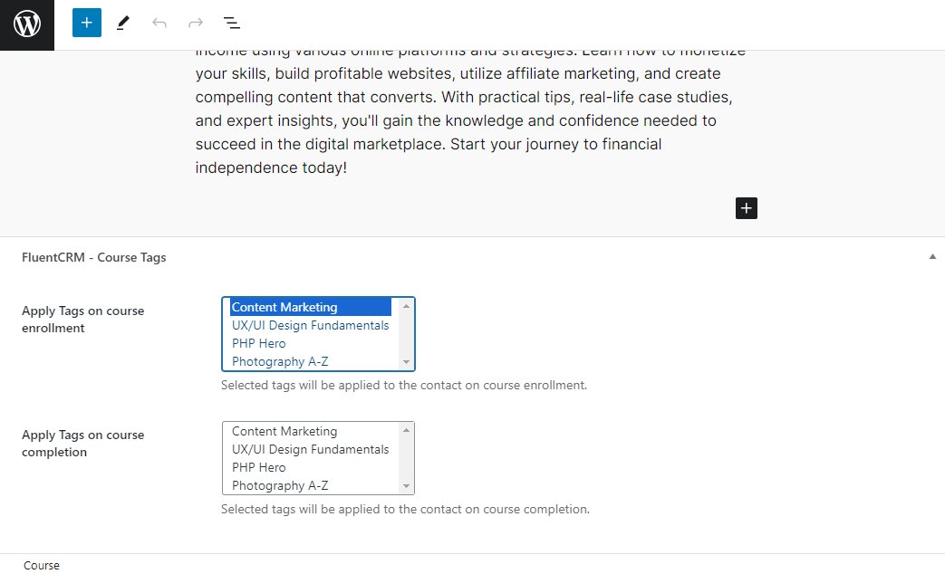 apply tags on course