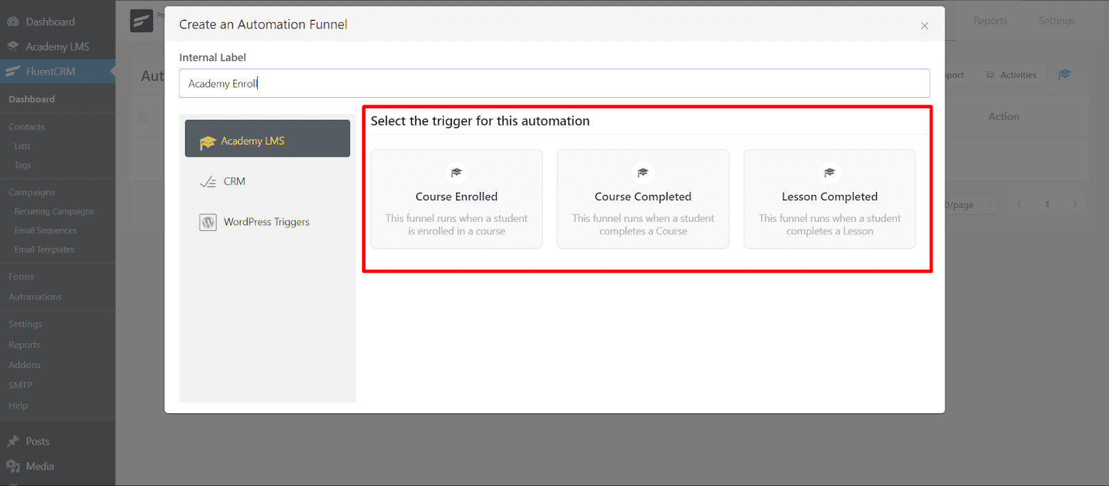 available triggers for academy lms automation