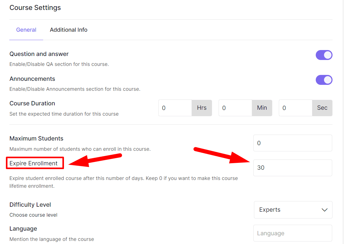 set expire enrollment days