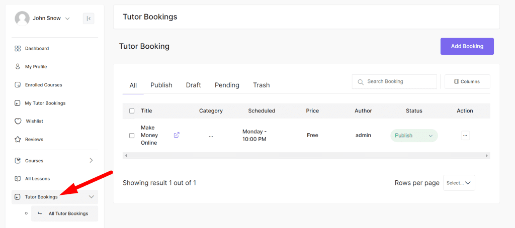 tutor bookings for instructor dashboard