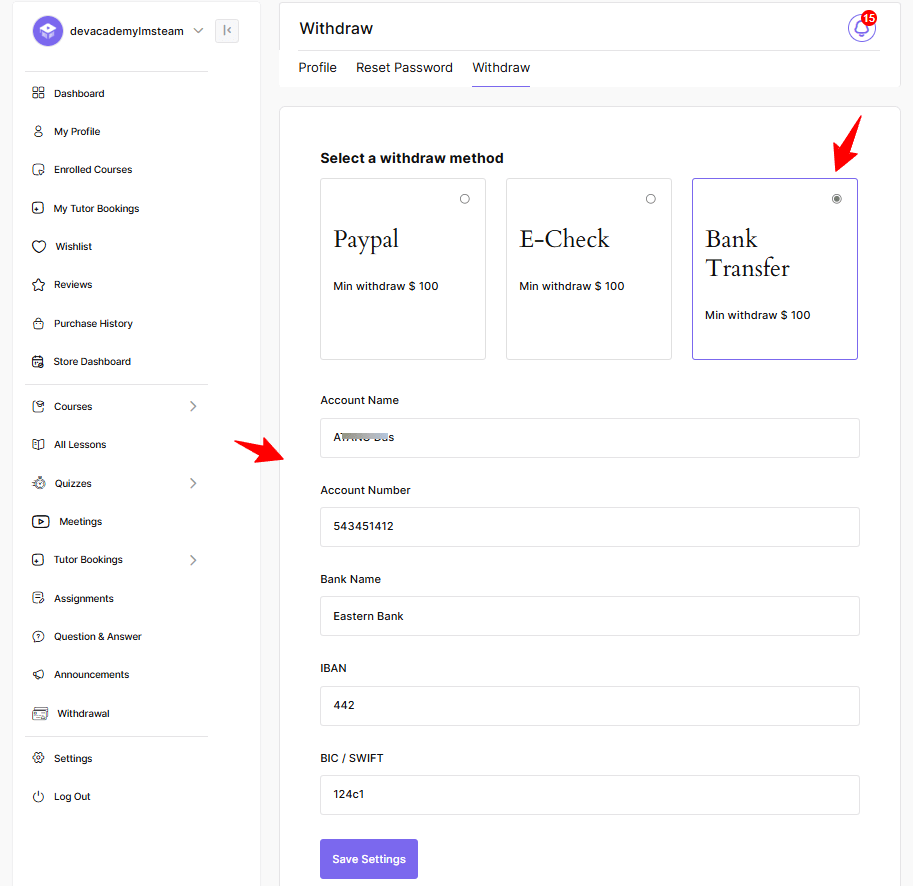 withdraw method bank transfer  