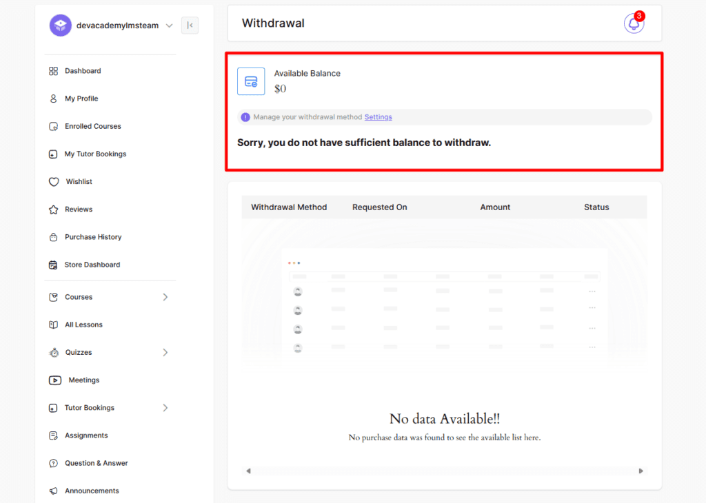 Withdraw from dashboard 