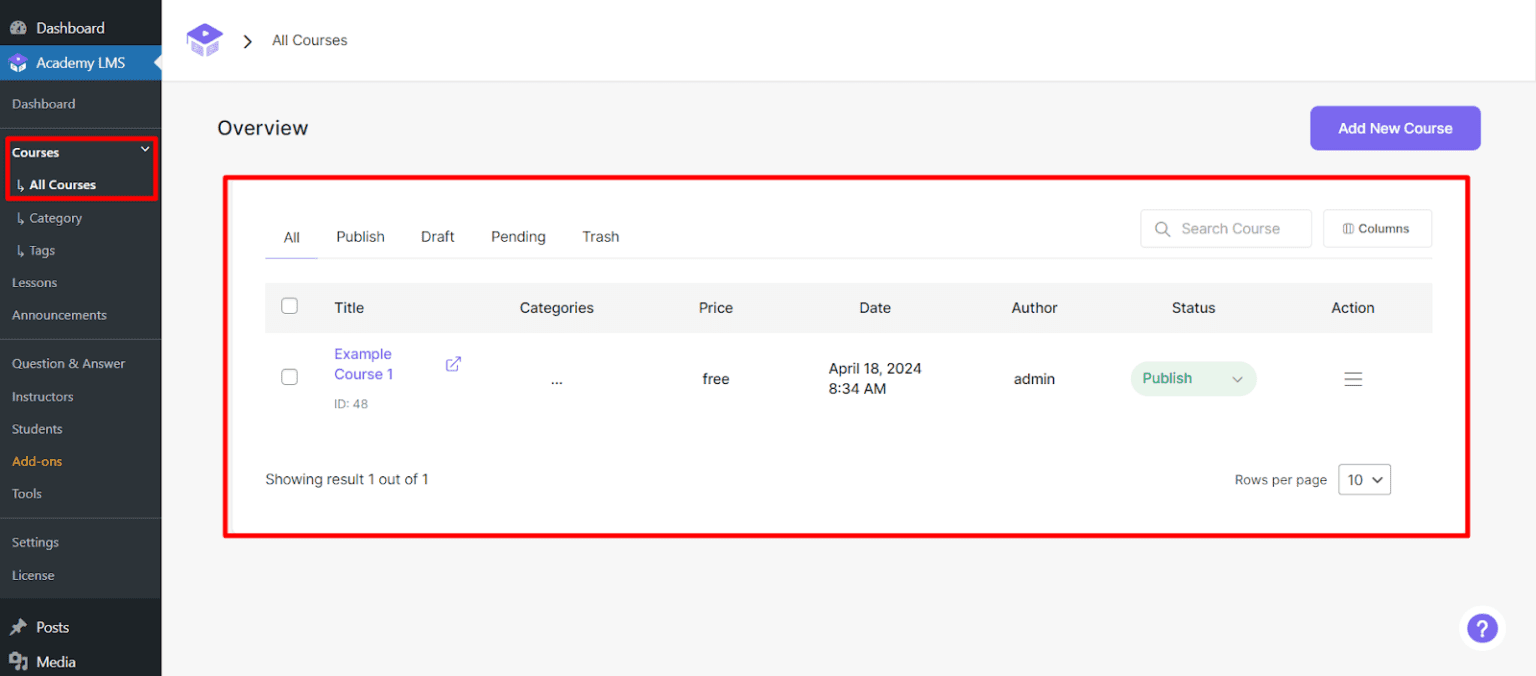 Academy LMS courses page