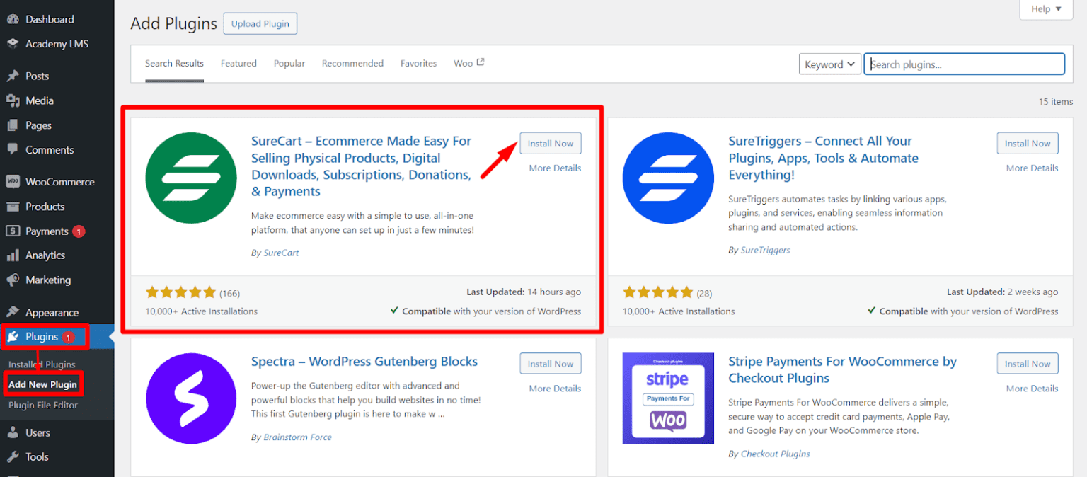 install and activated surecart plugin