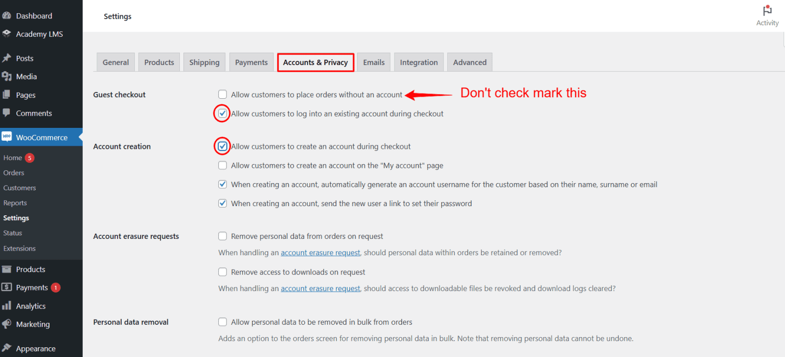 accounts & privacy setting of woocommerce