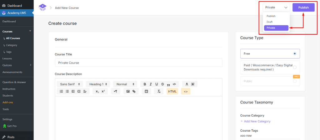 Set Course Visibility to Private