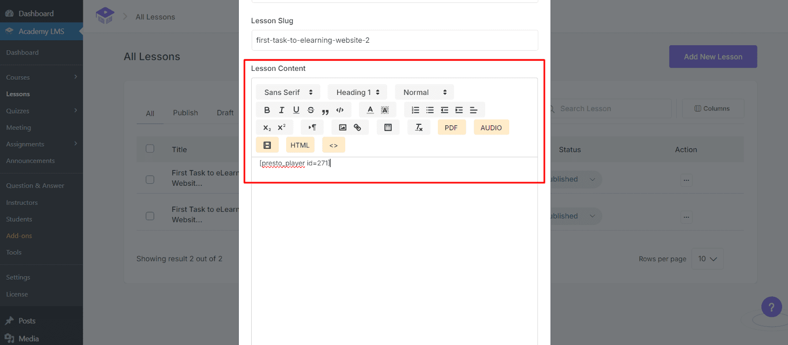Use Presto Player in Lessons