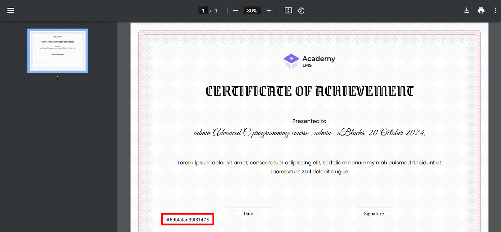 certificate verfication id