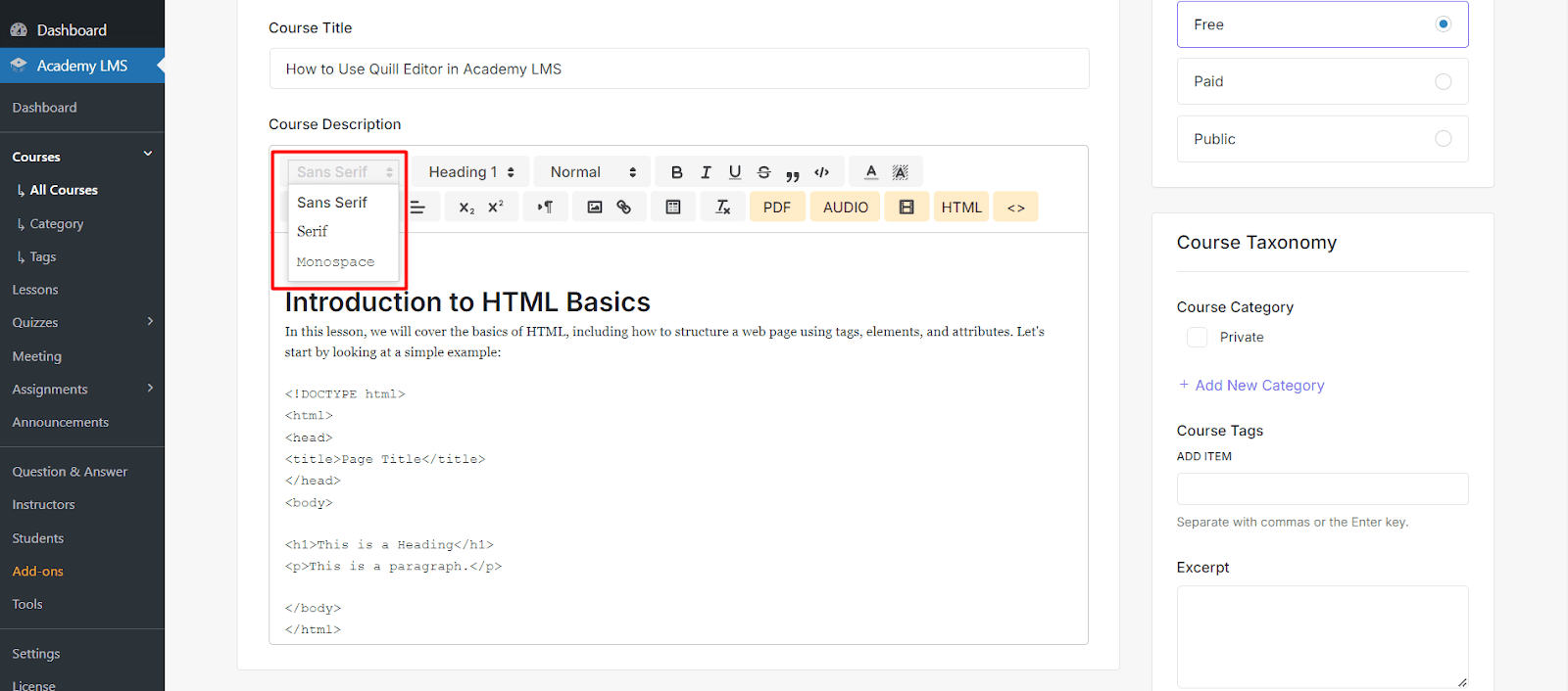 Font Selection Settings Quill editor in Academy LMS