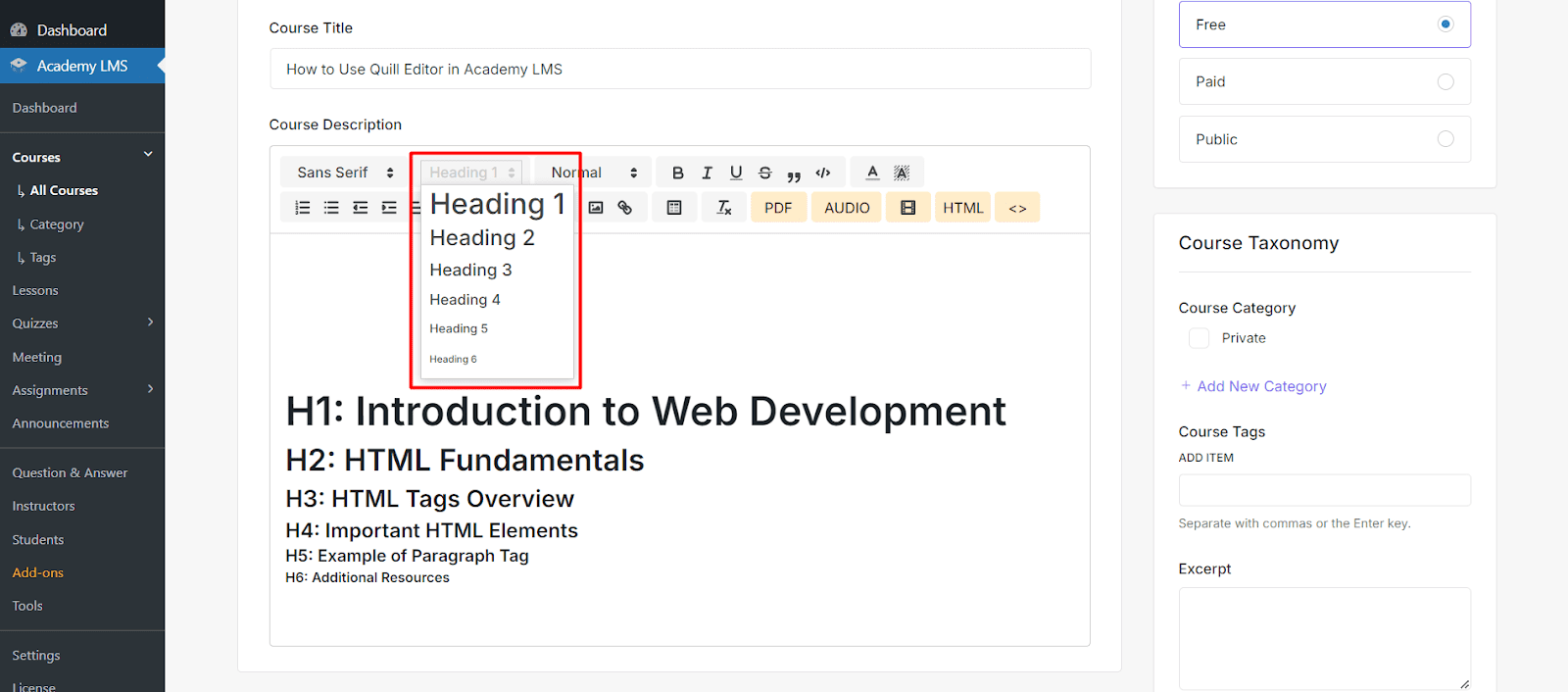 Hn Tag Settings Quill editor in Academy LMS