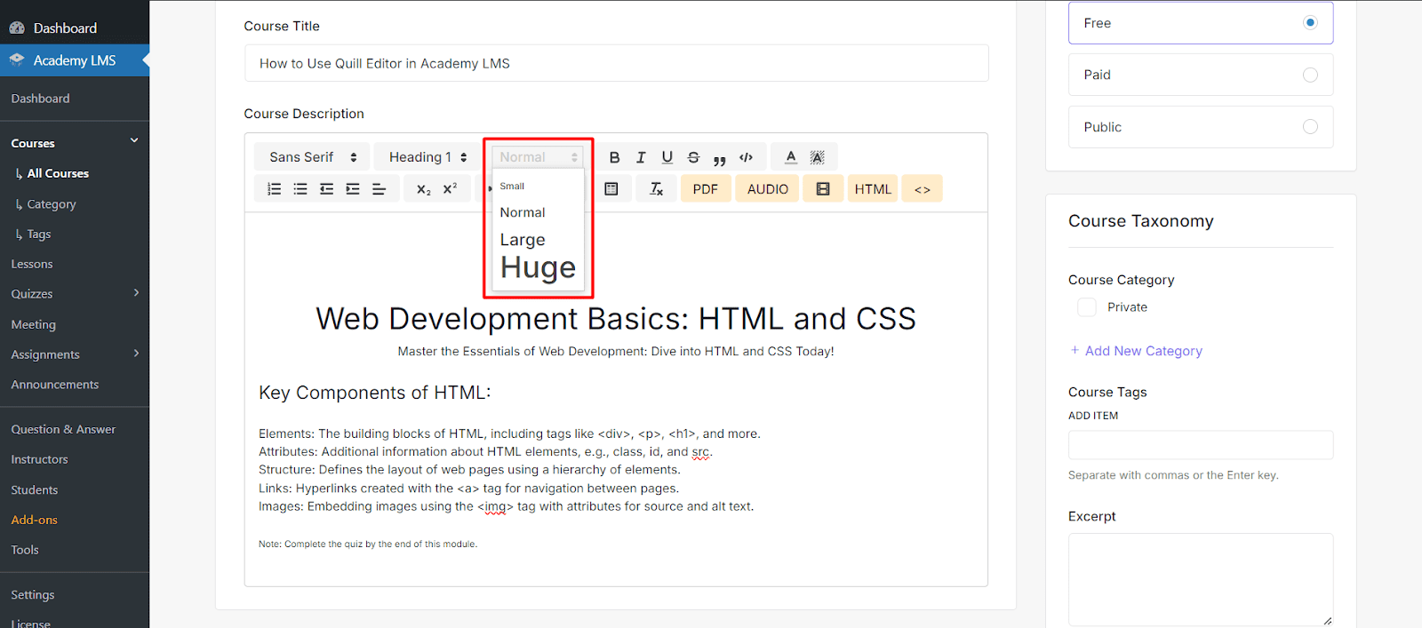 Font Settings Quill editor in Academy LMS