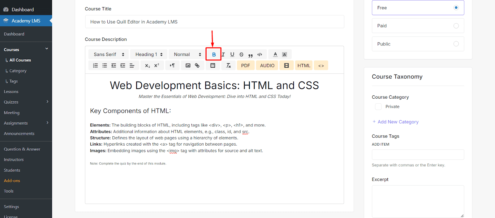 Bold Settings Quill editor in Academy LMS