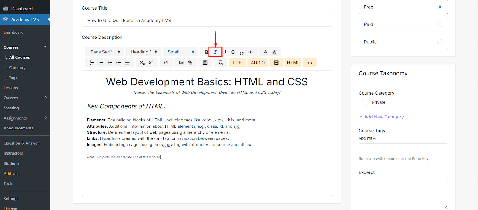 Italic Settings Quill editor in Academy LMS