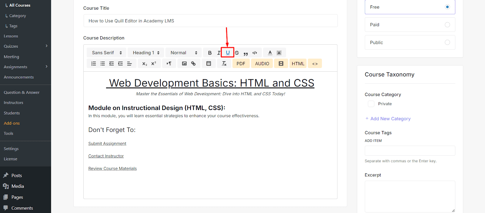 Underline Settings Quill editor in Academy LMS