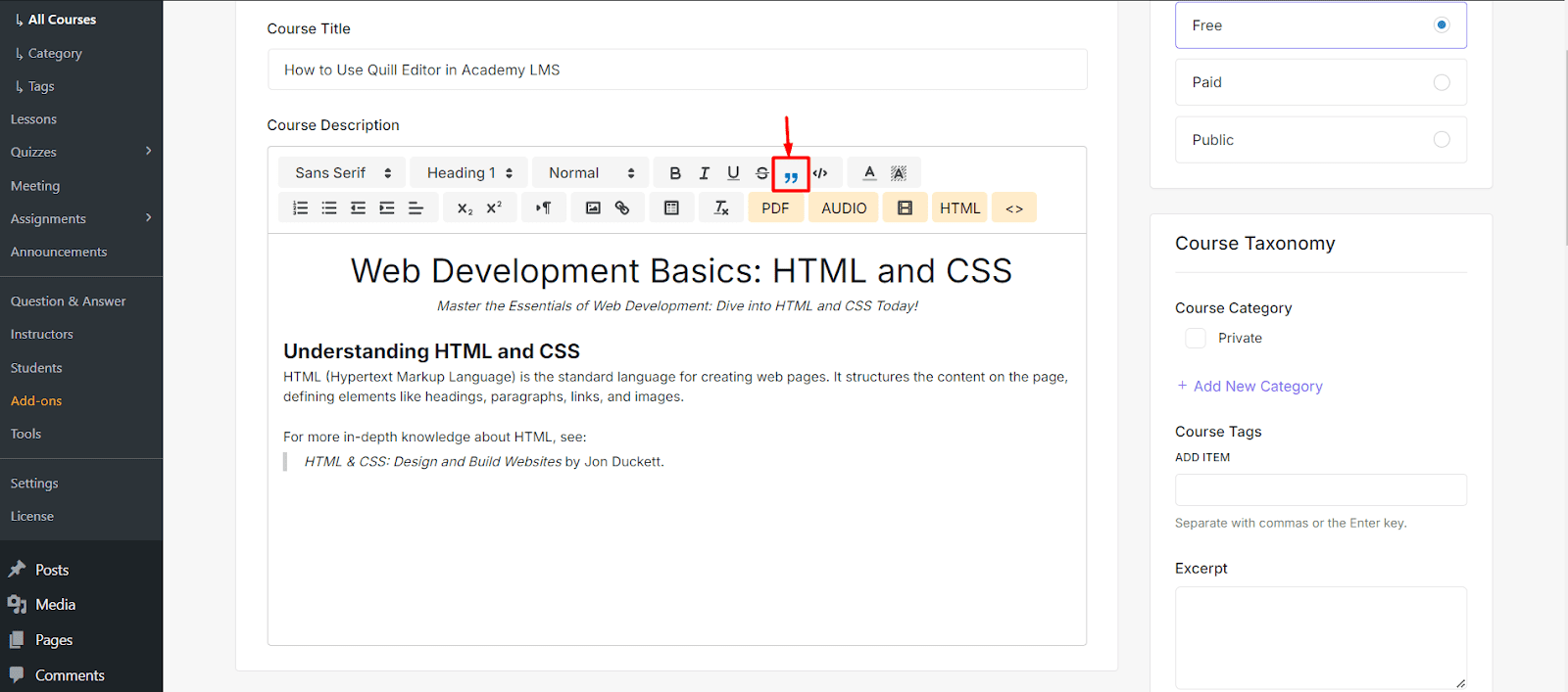 Citation Settings Quill editor in Academy LMS
