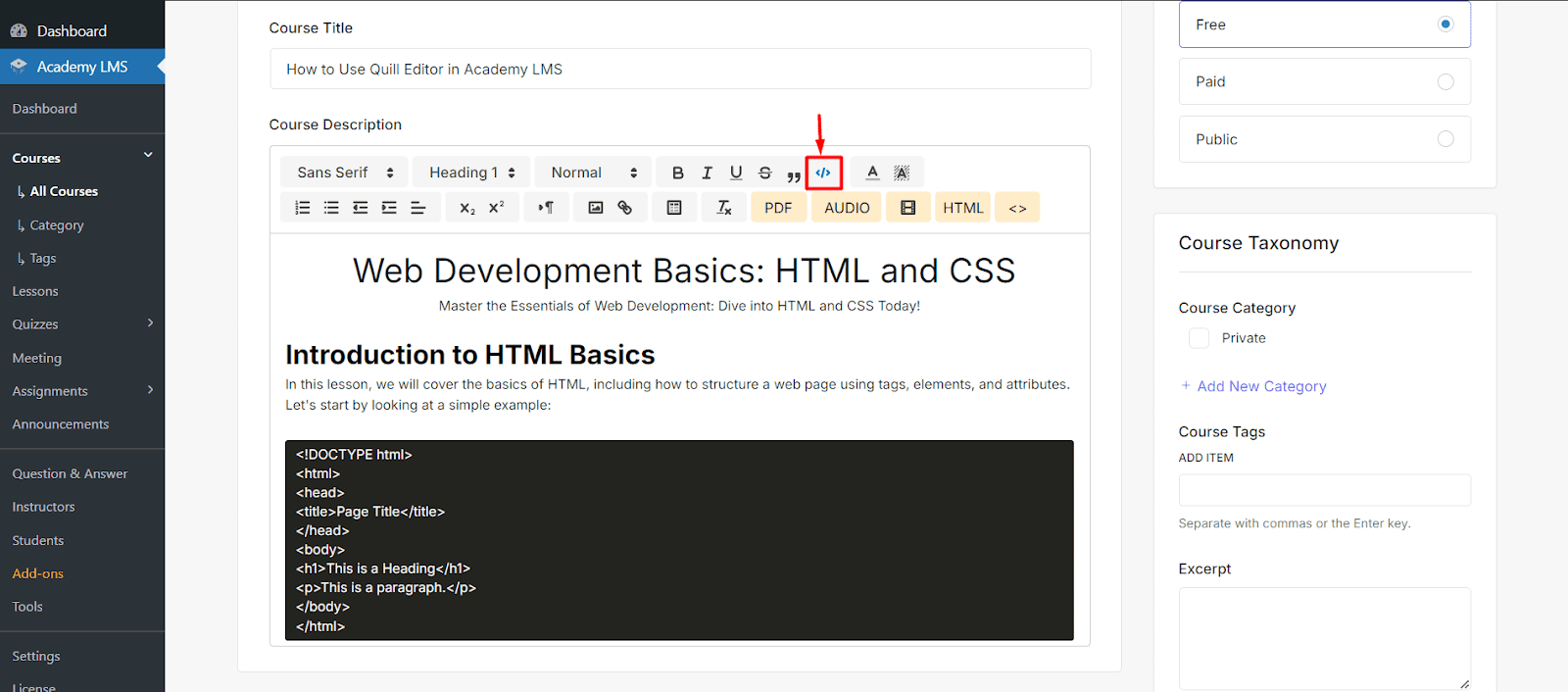 Code Settings Quill editor in Academy LMS
