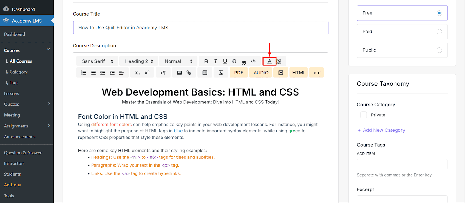 Font Color Settings Quill editor in Academy LMS