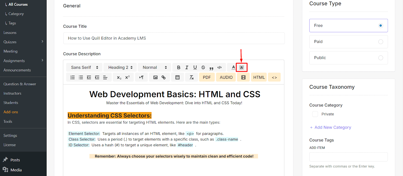 Font Background Color Settings Quill editor in Academy LMS