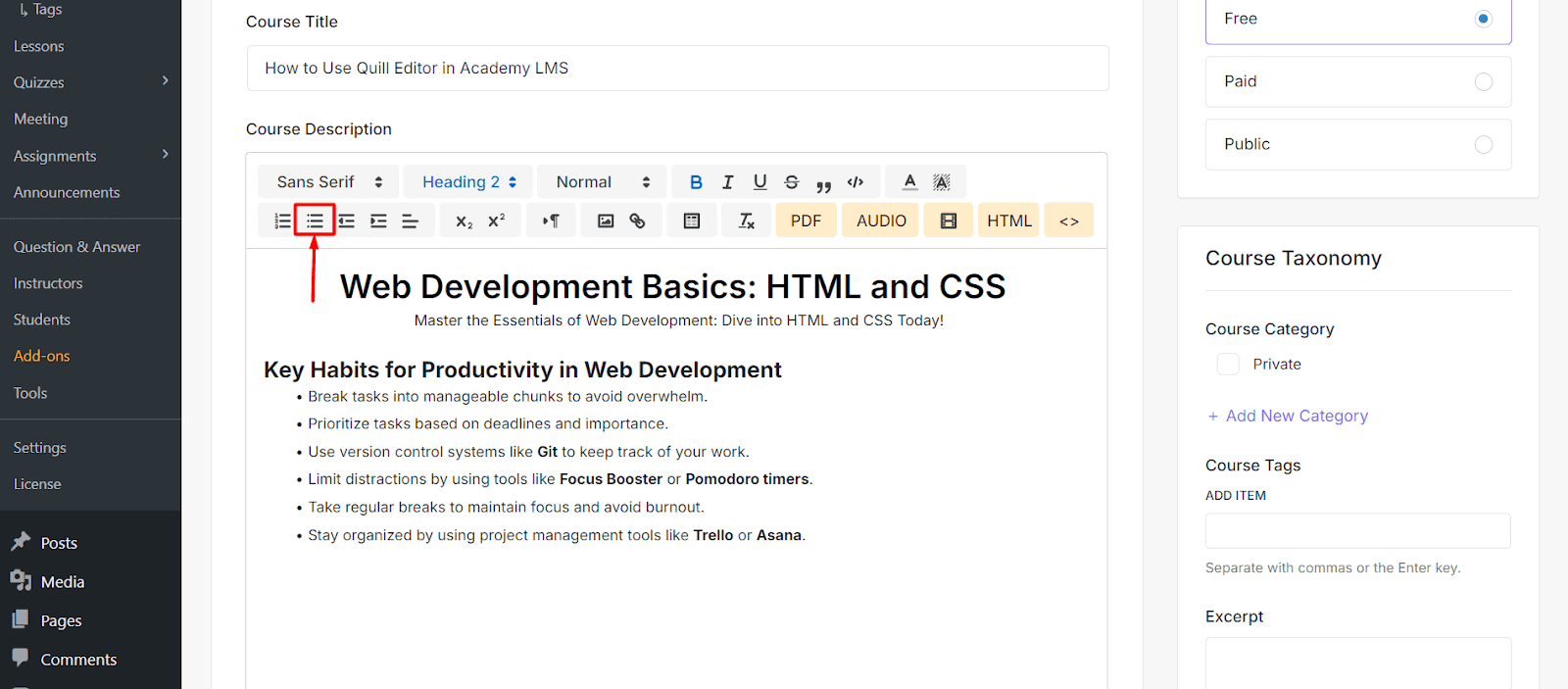 Bulleted List Settings Quill editor in Academy LMS