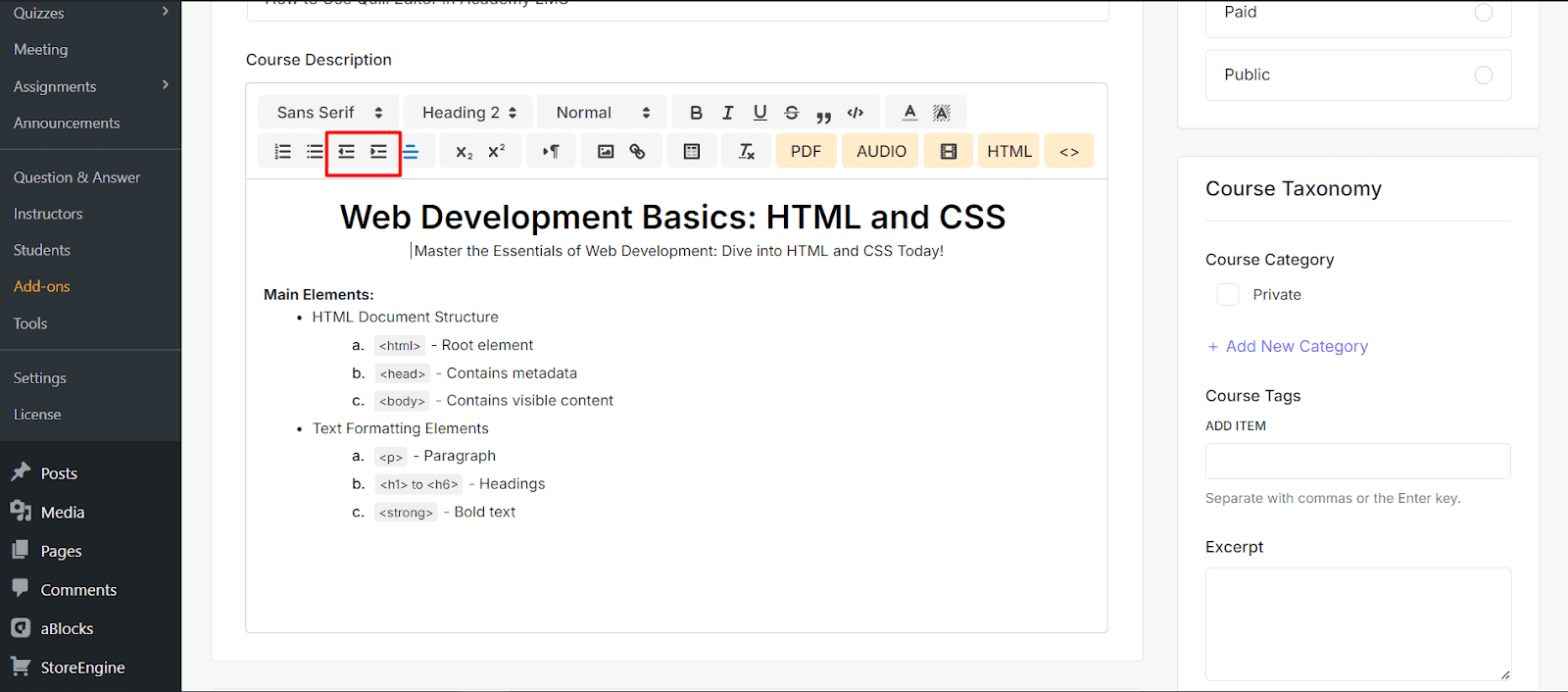 Indent Settings Quill editor in Academy LMS