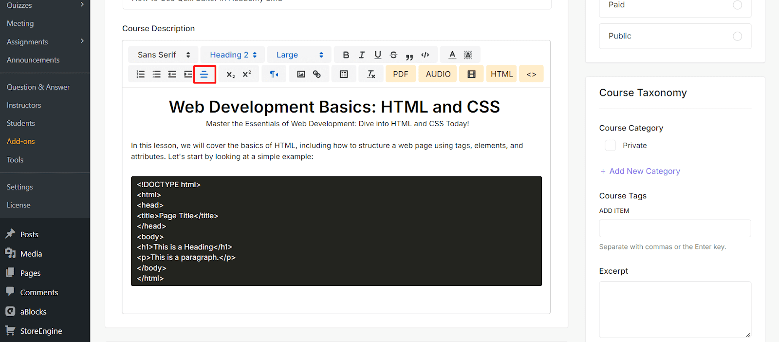 Alignment Settings Quill editor in Academy LMS