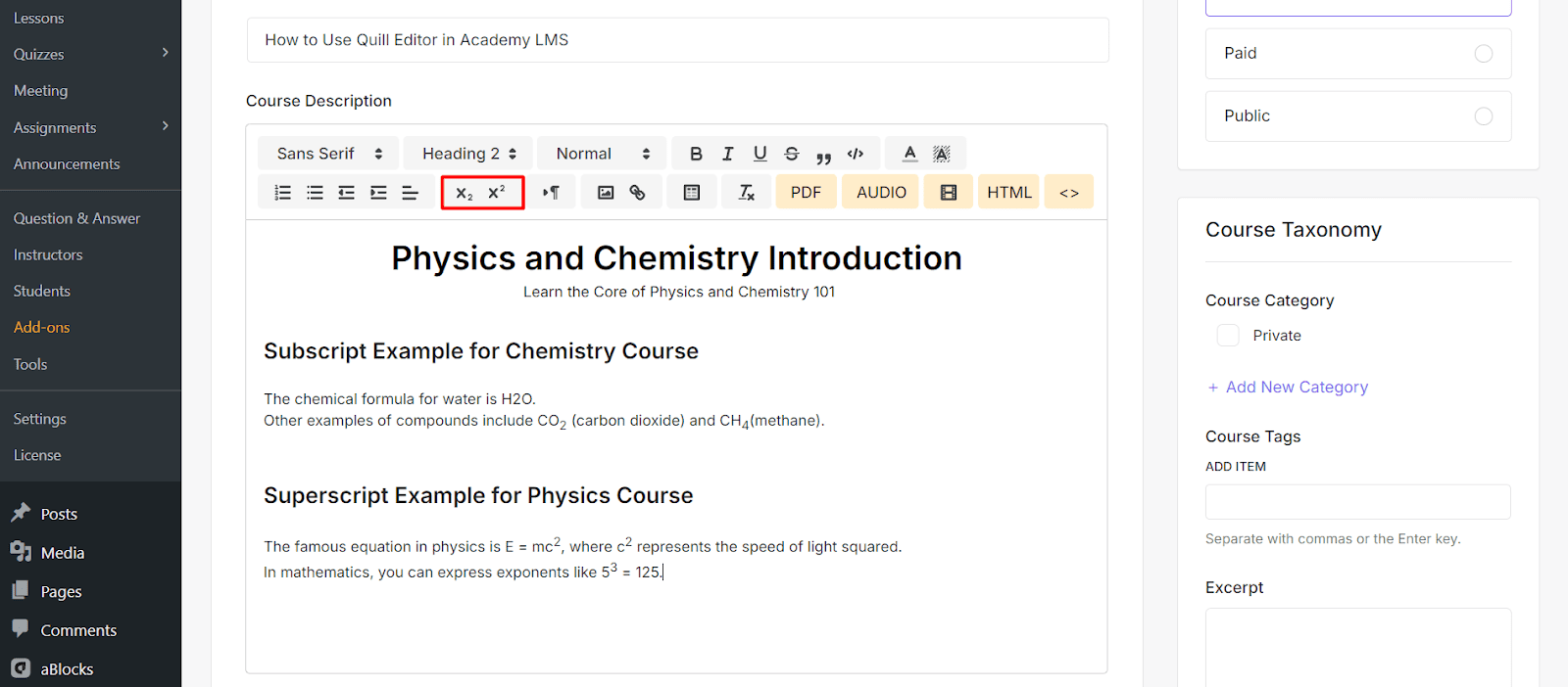 Subscript Settings Quill editor in Academy LMS