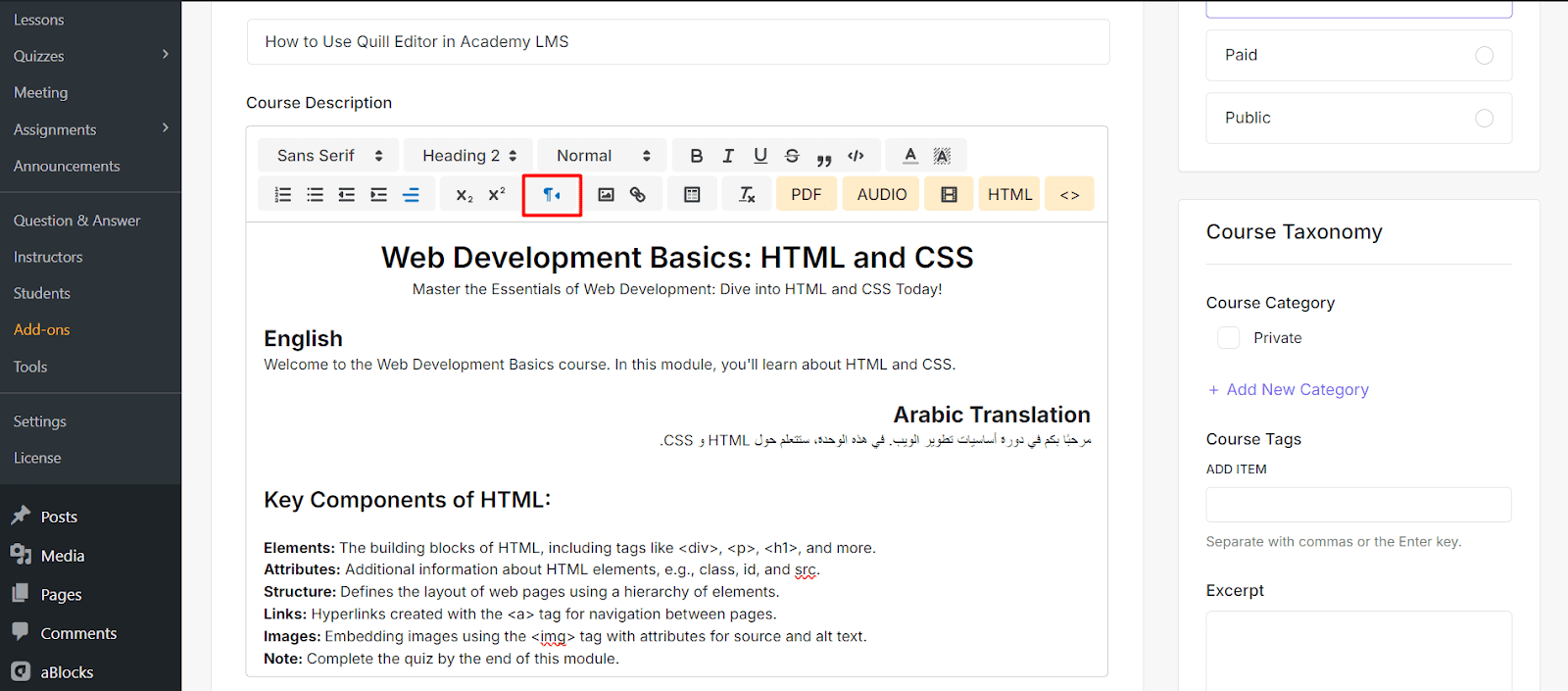 LTR/RTL Settings Quill editor in Academy LMS