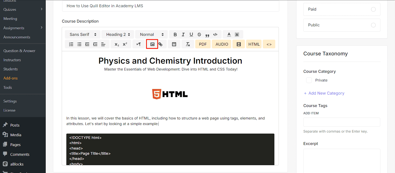 Image Settings Quill editor in Academy LMS