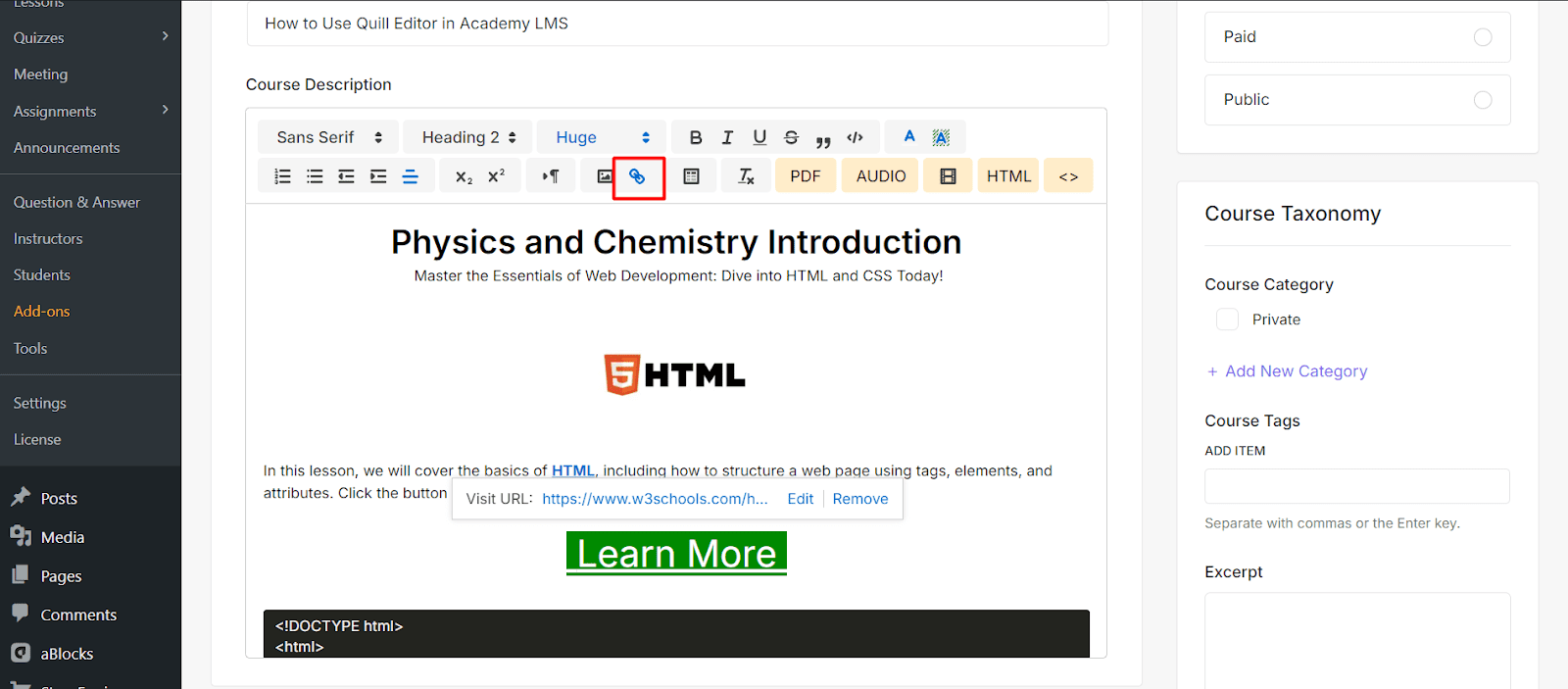URL Settings Quill editor in Academy LMS