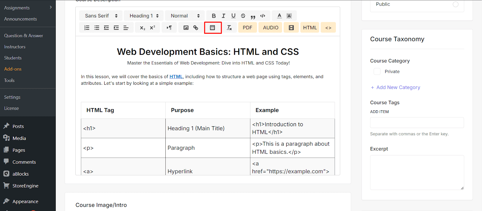 Table Settings Quill editor in Academy LMS