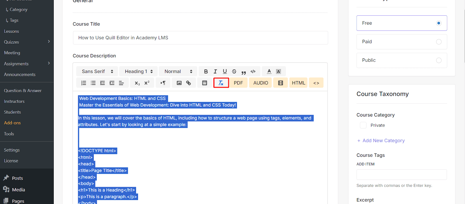 Clear Format Settings Quill editor in Academy LMS
