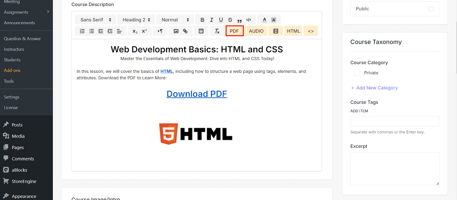 PDF Settings Quill editor in Academy LMS