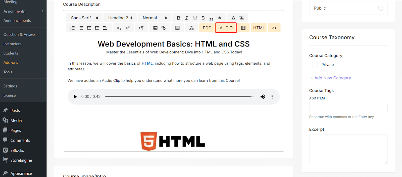 Audio Settings Quill editor in Academy LMS